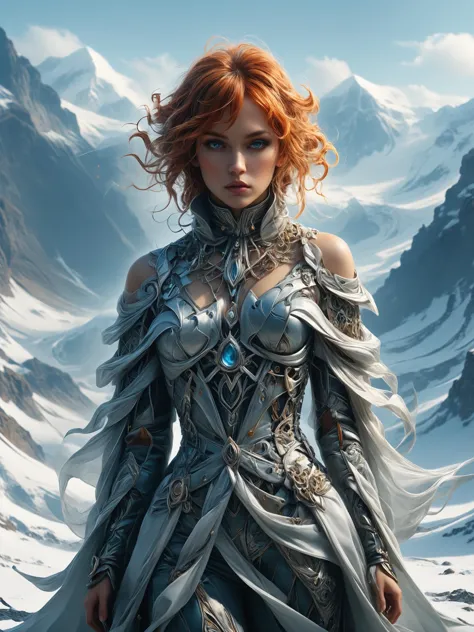 ais-rbts time elemental wearing an outrageous fashion outfit, Snowy plateau with icy peaks in the background,,,,  intricate, elegant, highly detailed, digital painting, artstation, concept art, smooth, sharp focus, colored illustration for tattoo, art by artgerm and greg rutkowski and alphonse mucha