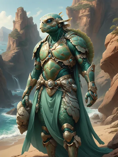 ais-rbts anthro Green Sea Turtle wearing an outrageous fashion outfit, Vast canyon with layered rock formations in the backgroun...