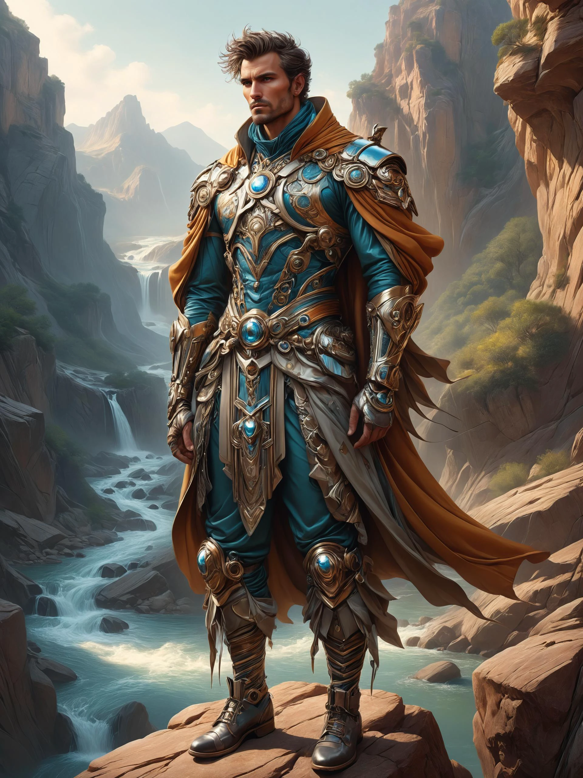 ais-rbts Man wearing an outrageous fashion outfit, Rocky canyon with winding river in the background,,,,  intricate, elegant, highly detailed, extremely detailed, digital painting, artstation, concept art, matte, smooth, sharp focus, symmetrical, illustration, art by Artgerm and Greg Rutkowski and Alphonse Mucha, From the distance