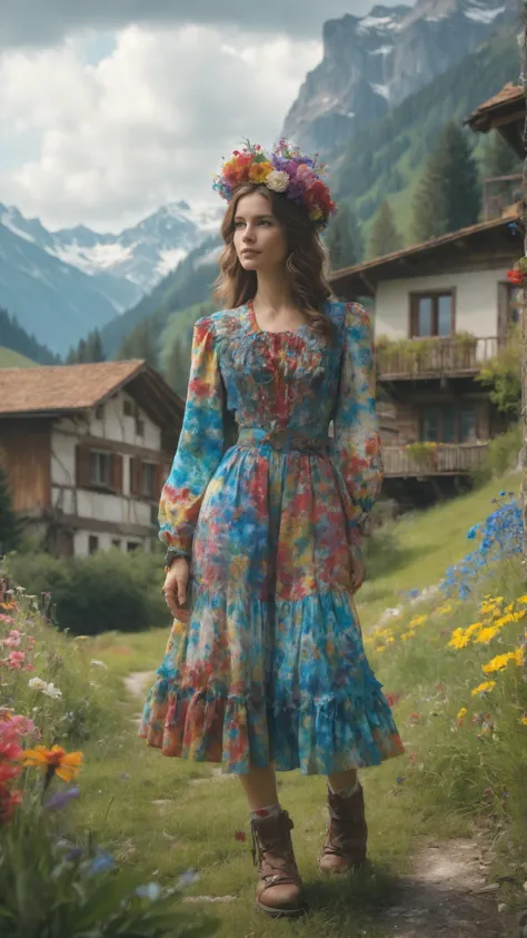 Fabrikarbeiter, der Maschinen bedient, trägt ein verrücktes, ausgefallenes Batik-Outfit, (Zärtlich Händchen halten, Verbindung ausdrücken), im Hintergrund Ein Schweizer Chalet eingebettet in eine Wiese mit Alpenblumen, umgeben von mäandernden Bächen und dem fernen Klang von KuhglockenWunderschöner Spritzer lebendiger Farbe,