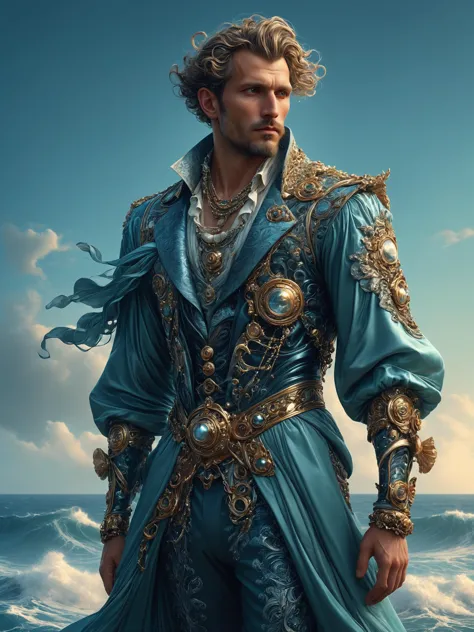 ais-rbts Man wearing an outrageous fashion outfit, Moonlit seascape with rolling waves in the background,,,,  accurately portrayed, portrait art by alphonse mucha and greg rutkowski, highly detailed, digital painting, concept art, trending on artstation, very detailed, smooth, sharp focus, octane render, close up