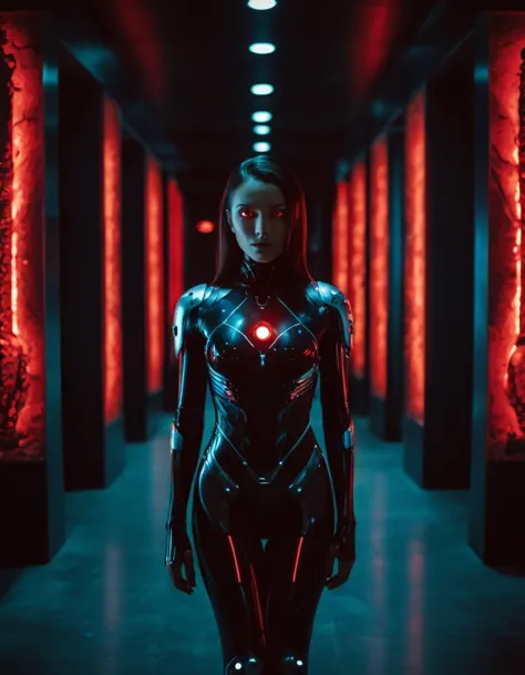 photograph CyborgCosplay, walking in the shadow, glowing red eyes, 50mm . cinematic 4k epic detailed 4k epic detailed photograph...