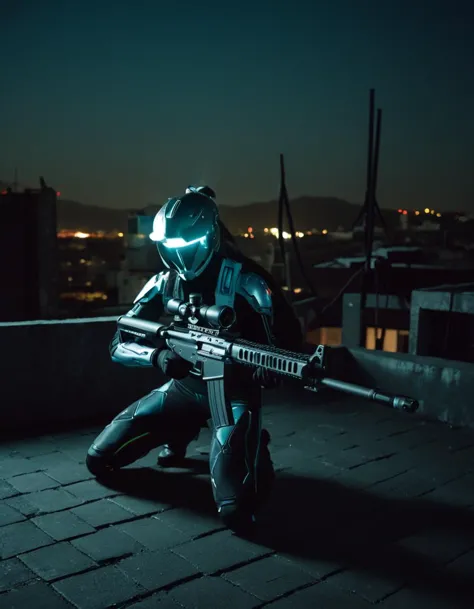 photograph CyborgCosplay, kneeling on a roof, head gear, sniper rifle, futuristic weapon, profil, taking aim, 50mm . cinematic 4...