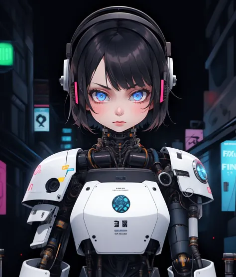 a close up of a robot with headphones on standing in a city