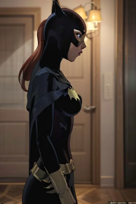 comic close-up photo of a woman as batgirl, at arkham city, looking at viewer, . graphic illustration, comic art, graphic novel art, vibrant, highly detailed