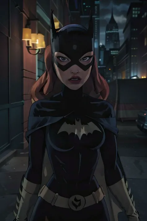 comic close-up photo of a woman as batgirl, at arkham city, looking at viewer, <lora:megfox_xl_1_standard_merger_23_41_07_03:1> ...