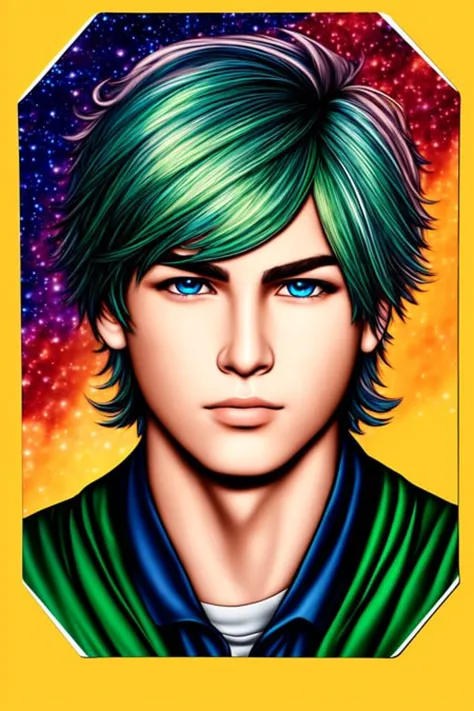 a drawing of a young man with green hair and blue eyes