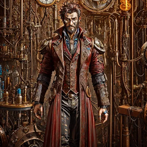 steampunk, <lora:Gothic_Outfit:1> gothout, a man standing in a mad scientist's laboratory, glass, metal, neon