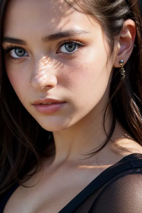 Photo portrait of a pensive young brunette woman with sparkling eyes, detailed skin, (half her face concealed in shadow:1.4), tight close up on face,dark background, side lighting revealing her gaze,eye level, in the style of Nathan Wirth