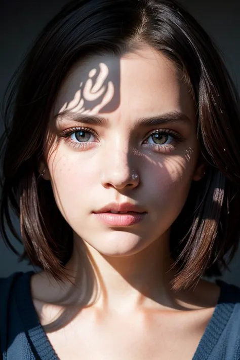 Photo portrait of a pensive young brunette woman with sparkling eyes, detailed skin, (half her face concealed in shadow:1.4), tight close up on face,dark background, side lighting revealing her gaze,eye level, in the style of Nathan Wirth