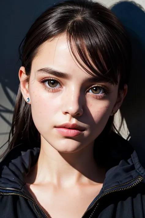 Photo portrait of a pensive young brunette woman with sparkling eyes, detailed skin, (half her face concealed in shadow:1.4), tight close up on face,dark background, side lighting revealing her gaze,eye level, in the style of Nathan Wirth