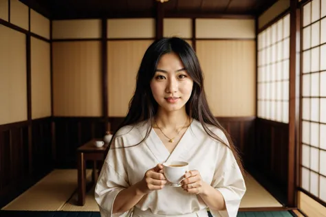 Lifestyle photography photo of a young pretty Japanese woman, with long, black, straight hair, pouring tea in a traditional tea ceremony, looking at viewer, upper body framing, in a Japanese tea room, symmetrical background, under (natural lighting:1.3), shot at eye level, on a Sony A7111, with a (soft focus filter:1.3),( in the style of Wes Anderson:1.3), <lora:skinny_new_skin:.1>  detailed skin, <lora:detailed_eye:.2>