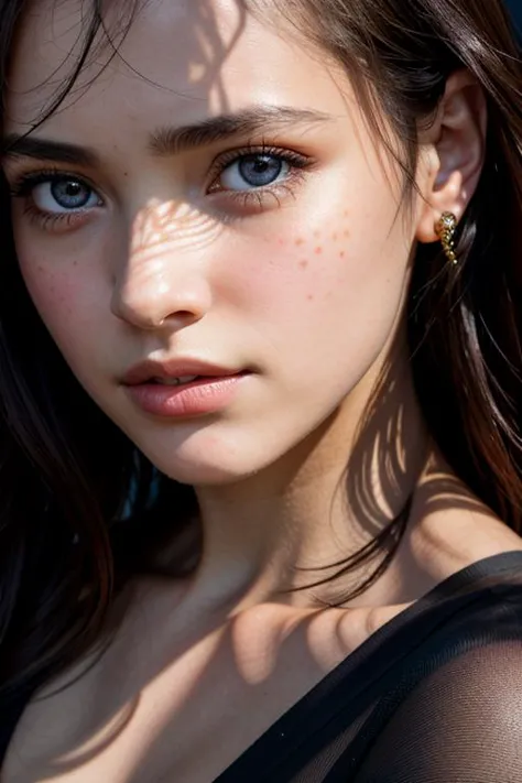 photo portrait of a pensive young brunette woman with sparkling eyes, detailed skin, (half her face concealed in shadow:1.4), ti...