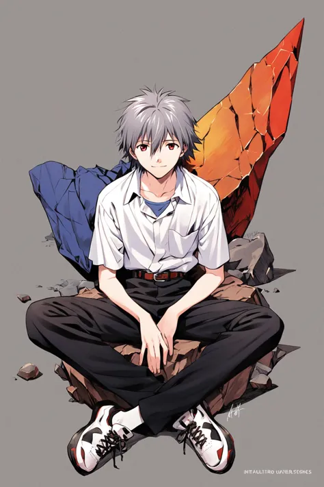 1boy,male focus,solo,nagisa kaworu,shirt,sitting,red eyes,rock,pants,white shirt,shoes,collared shirt,black pants,hair between e...