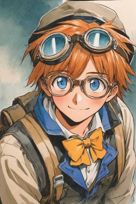 1boy,solo,hat,goggles,glasses,male focus,bow,blue eyes,traditional media,smile,bowtie,orange hair,blush,jacket,backpack,bag,uppe...