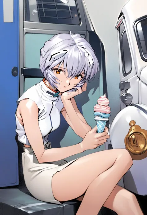 anime girl sitting on a step with a cupcake in her hand