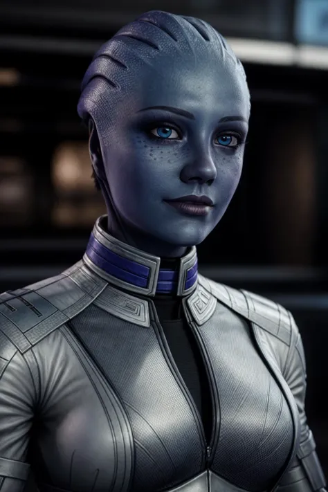 a close up of a woman in a futuristic suit with blue eyes