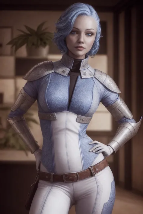 ((Best quality)), ((masterpiece)), (highly detailed:1.3), (cowboy shot:1.5), masseffectliara hands on hip in a well lit futuristic office with plants in the background, small breasts, very skinny, slender fit body, ((detailed face)), (detailed skin), blue skin, blue eyes, smile, cute face, looking at viewer, from above, nice hands, perfect hands, white armor, blue accents, realistic armor materials, shiny armor, dramatic lighting, wallpaper, intricate, sharp focus, ray tracing, rtx, professionally color graded, professional photography, ultra detailed, 4k, 8k, raw, <lora:masseffectliara:0.58>, detailed skin texture, (blush:0.5), (goosebumps:0.5), subsurface scattering, <lora:add_detail:1>,