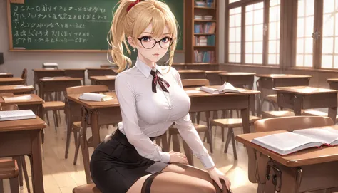 raw photo, backview, blonde teacher with cute makeup, age 40, face detailing, (holding textbook and with a pointer: 1.4) , black tight superminiskirt 40 cm long with slit on the back, in high-heeled shoes, in the crowded classroom, white tight - fitting blouse , stylish glasses, , (Thigh high socks :1.3), ponytail, red ribbon, skin tight , (side breasts) , shoulder, collarbone, students, desks ,chairs, long earrings, textbooks, blackboard, classroom, graphic eyeliner, rouge, (choker:0.9), realistic skin texture,,, very thin waist,  breasts, cleavage, slim body,, (8k, masterpiece, best quality, ultra-detailed),  (an extremely delicate and beautiful)kawaii, cute, very big eyes, Aesthetic Anime Eyes, small face,  large breasts, cinematic lighting, , Intricate, High Detail, Sharp focus, dramatic,   masterpiece, best quality, ultra-detailed,