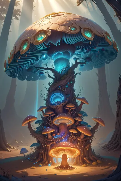 An award-winning digital image of a worldoflight giant mushroom, sunshafts, colorful, horror, forest, (masterwork:1.2), (dynamic lighting:1.1), intricate details, hd, 8k, gold and blue<lora:morph_taintedcoil2_WorldofLight:0.640>