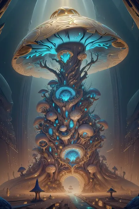 a digital painting of a giant mushroom with a light shining on it