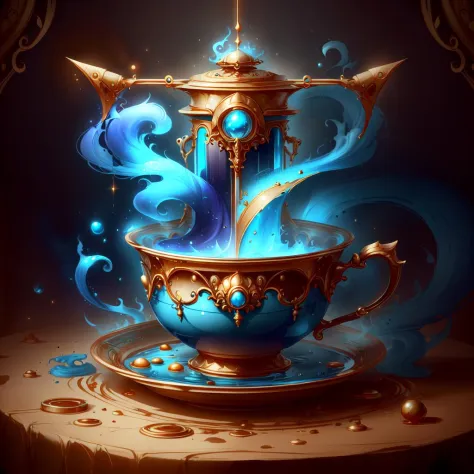 masterpiece, absurdres, <lora:WorldofLight:1.2>, worldoflight, gold and blue, teacup
