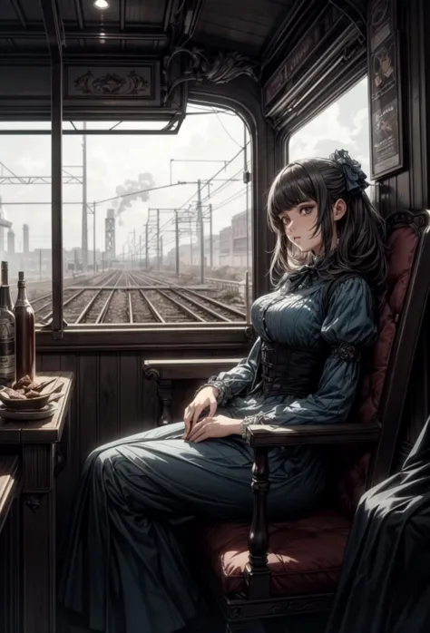 anime girl sitting on a train looking out the window