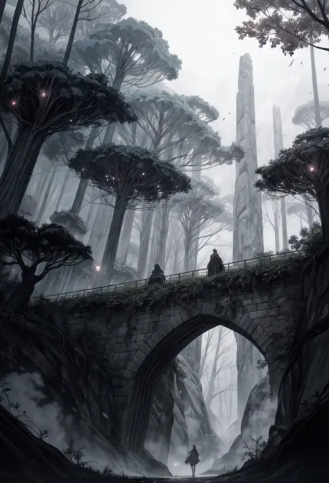 a man standing on a bridge in the middle of a forest