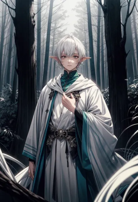 a man in a white robe standing in a forest with trees