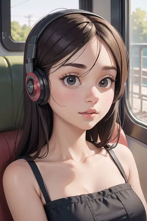 1girl, looking outside, in train, modern, headsets, relaxing , intricate details,  ((beautiful face)),(((best quality, masterpie...