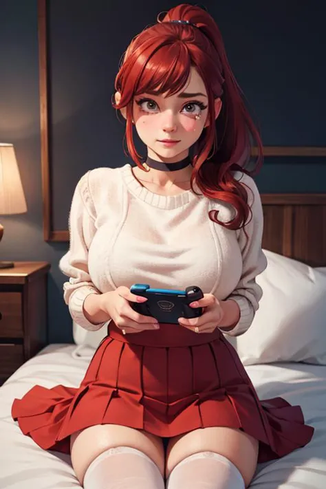 anime girl sitting on bed holding a nintendo wii controller