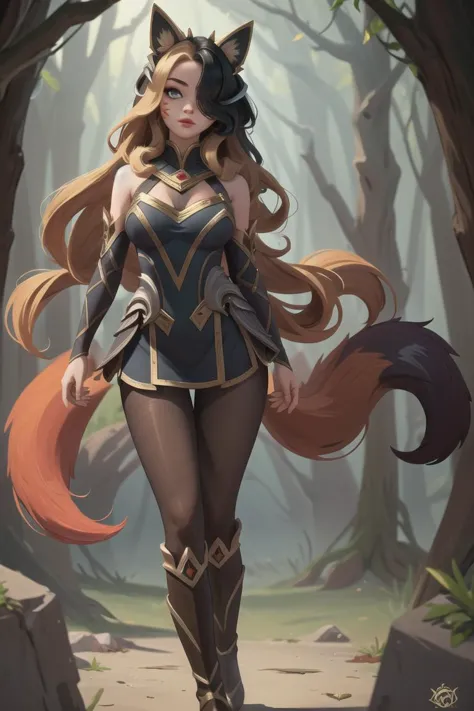 (masterpiece, best quality, high quality:1.4), 1girl,  <lora:AhriCoven:0.8> IncrsAhriCoven, facial mark, hair over one eye, fox tail, multiple tails, pantyhose, boots