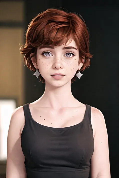 1girl, bare shoulders, blurry, blurry background, brown eyes, collarbone, depth of field, earrings, eyelashes, freckles, grey eyes, indoors, jewelry, lips, looking at viewer, mole, mole on breast, mole on neck, mole under eye, nose, photo \(medium\), piercing, portrait, realistic, red hair, short hair, solo, teeth dark background