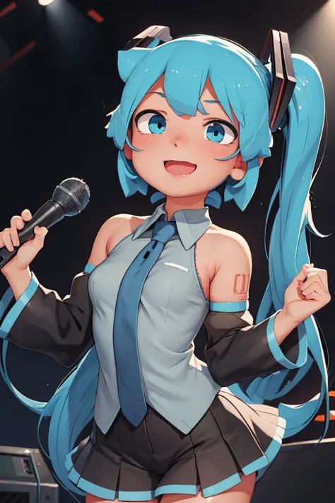 (obra de arte, melhor qualidade:1.3), 1 garota, Hatsune Miku, (sorriso:1.1), cabelo longo, twintails, franja, hair ornament, Sozinho, Cabelo Aqua, (boca aberta:0.7),  palco de concerto 