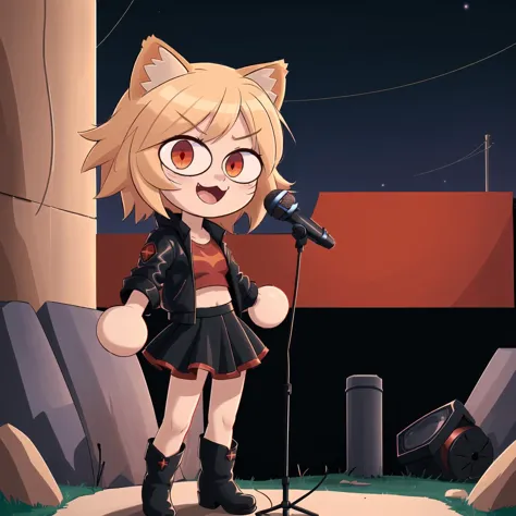 1girl, night, steppe, sings, microphone, music scene, outdoor, blonde hair, red T-shirt, black jacket, cat ears, animal ears, bangs, cat girl, necoarc, long skirt, boots, red eyes