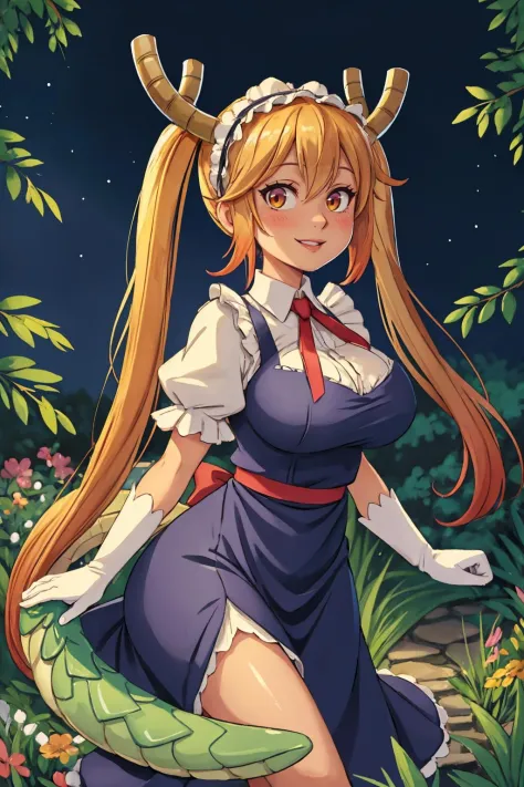 (masterpiece, best quality, glowing light, ultra detailed, detailed background, complex background), (perfect face, detailed face), (mature female, milf:1.4), thighs, light smile, parted lips, full-face blush, tohru, 1girl, long hair, horns, dragon horns, solo, dragon girl, twintails, looking at viewer, maid headdress, slit pupils, large breasts, maid, gloves, white gloves, hair between eyes, tail, dragon tail, short sleeves, dress, scales (outdoors, garden, dragon tail, tail, scales)