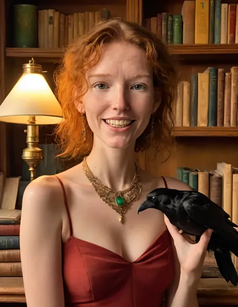 woman in red dress holding a black bird in front of a book shelf