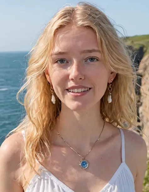 Femke Quintana, with her flowing blonde locks and mesmerizing blue eyes, stood gazing at the ocean from a cliff-side lighthouse in her elegant white sundress, teeth showing through parted lips, a delicate necklace and earrings accentuating her fashionable look, as she flashed a gentle smile towards the camera. <lora:yxpmlq18f5ad5b3e4q404:1>