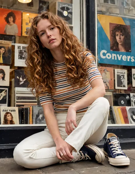 femke quintana stood contemplatively in front of the vintage record store's display window, her long curly brown hair cascading ...