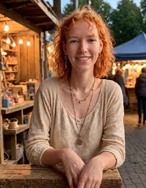 In the enchanting sunset-lit street market, Femke Quintana stands alone on her weathered wooden stool, capturing herself with a camera as she radiates confidence while smiling brightly, her earrings and necklace sparkling in the twilight, effortlessly becoming the subject of her own mesmerizing photograph. <lora:yxpmlq18f5ad5b3e4q404:1>