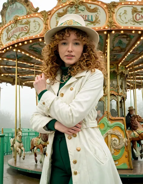 there is a woman standing in front of a carousel with a hat on