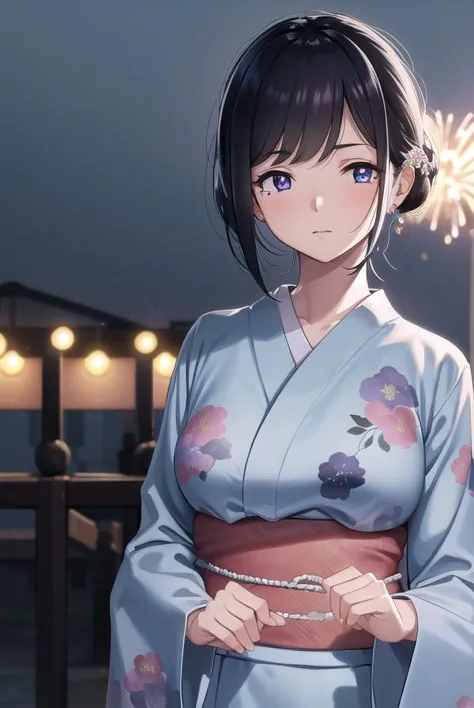 anime girl in kimono outfit standing on a pier with fireworks in the background