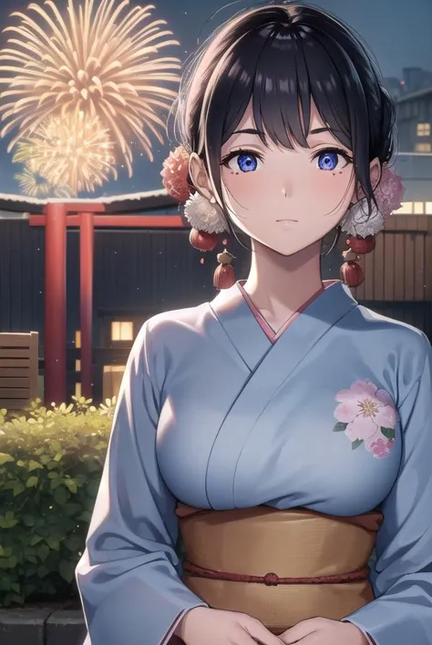 natsutojun, <lora:natsutojun-lora-nochekaiser:1>,
natsu to jun, short hair, bangs, hair ornament, mole, mole under eye, swept bangs, black hair, (purple eyes:1.1),
BREAK long sleeves, japanese clothes, kimono, sash, obi, floral print,
BREAK outdoors, night, festival, fireworks, shrine,
BREAK looking at viewer, (cowboy shot:1.5),
BREAK <lyco:GoodHands-beta2:1>, (masterpiece:1.2), best quality, high resolution, unity 8k wallpaper, (illustration:0.8), (beautiful detailed eyes:1.6), extremely detailed face, perfect lighting, extremely detailed CG, (perfect hands, perfect anatomy),