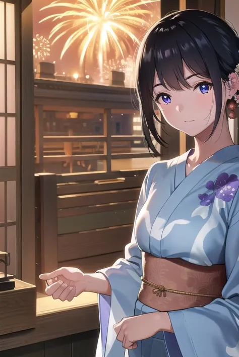 natsutojun, <lora:natsutojun-lora-nochekaiser:1>,
natsu to jun, short hair, bangs, hair ornament, mole, mole under eye, swept bangs, black hair, (purple eyes:1.1),
BREAK long sleeves, japanese clothes, kimono, sash, obi, floral print,
BREAK outdoors, night, festival, fireworks, shrine,
BREAK looking at viewer, (cowboy shot:1.5),
BREAK <lyco:GoodHands-beta2:1>, (masterpiece:1.2), best quality, high resolution, unity 8k wallpaper, (illustration:0.8), (beautiful detailed eyes:1.6), extremely detailed face, perfect lighting, extremely detailed CG, (perfect hands, perfect anatomy),