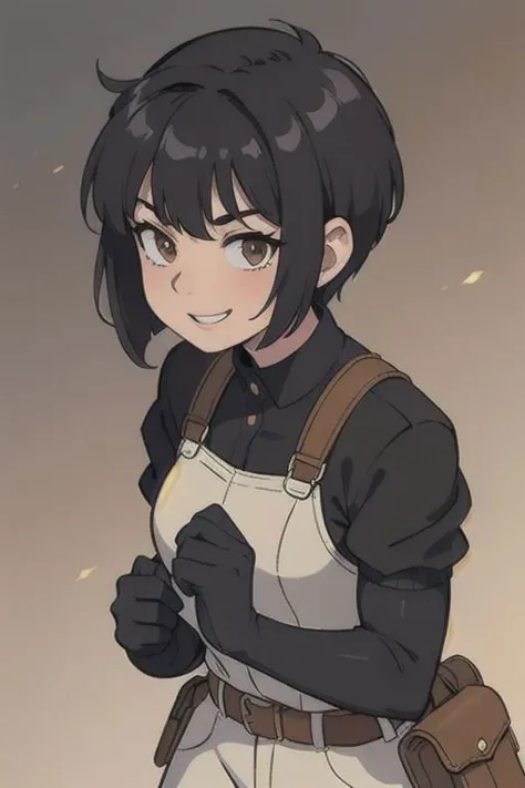 spiky bald hairstyle, short hair, mexican skin, gloves, uniform military, 1girl ,dark black hair, ((hair cut super short,)), soft Brown eyes, smile lips,