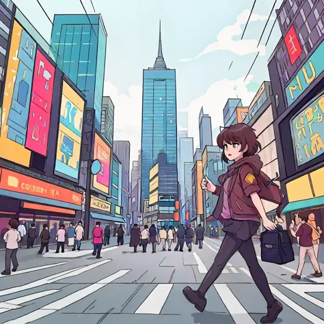 anime girl walking across a busy city street with a phone