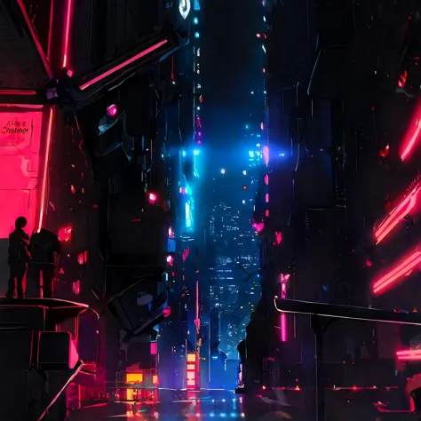 a close up of a city street with neon lights and people