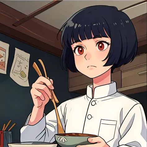 anime girl holding a bowl of food with chopsticks in her hand