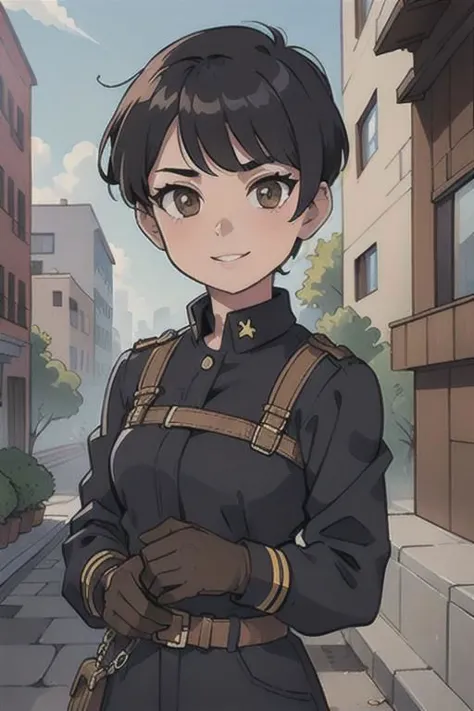 spiky bald hairstyle, short hair, mexican skin, gloves, uniform military, 1girl ,dark black hair, ((hair cut super short,)), soft Brown eyes, smile lips,