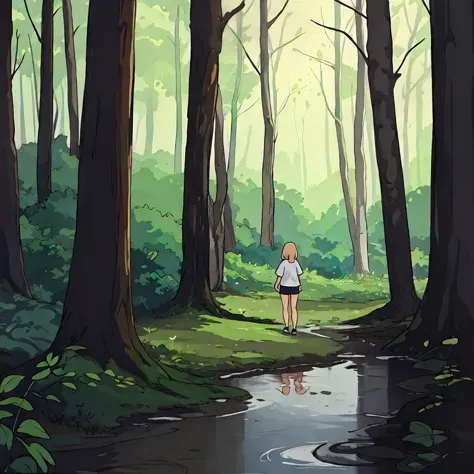 cartoon girl walking through a forest with a stream of water